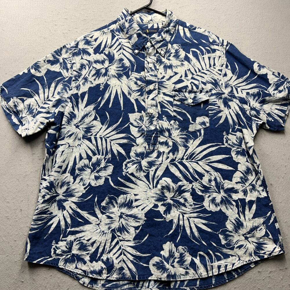 Polo Ralph Lauren Shirt Mens 2XL Blue White Linen Popover Hawaiian Button Floral